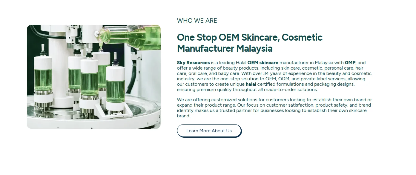 Halal OEM skincare production facility in Malaysia with green liquid substances in machinery for bottle filling.